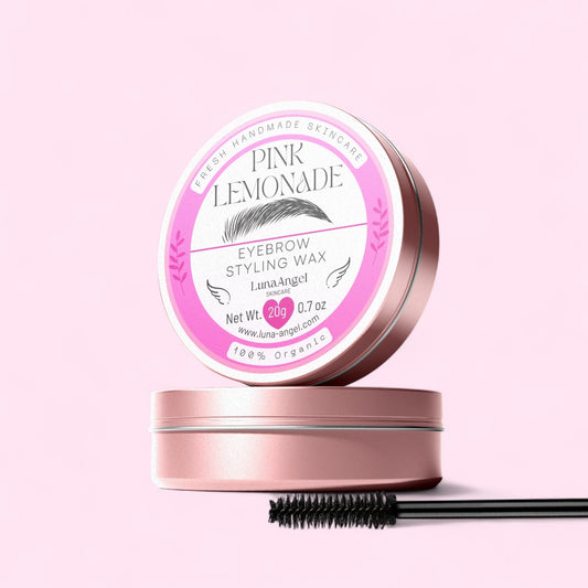 Pink Lemonade eyebrow styling wax with a pink background