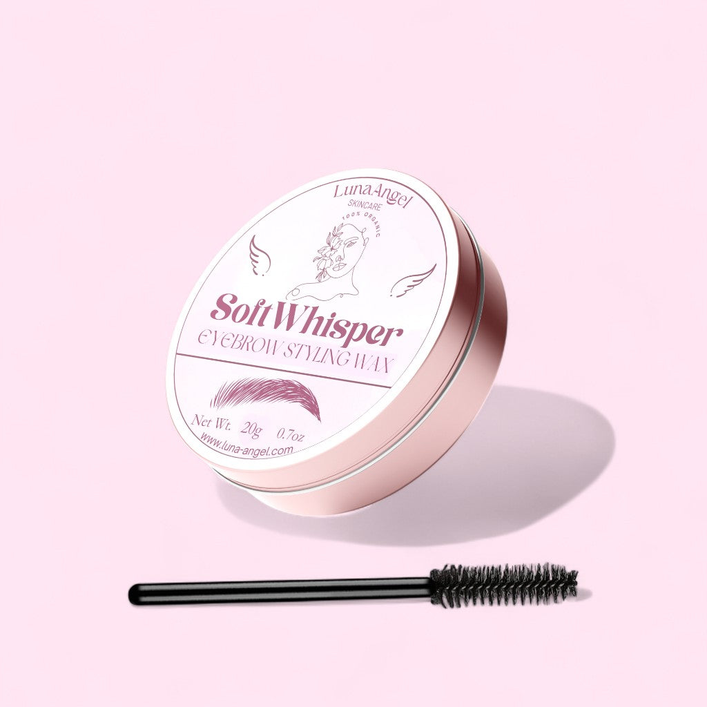 Soft Whisper Eyebrow Styling Wax 20g by LunaAngel with spoolie applicator on light pink background – organic clear brow wax for smooth hold