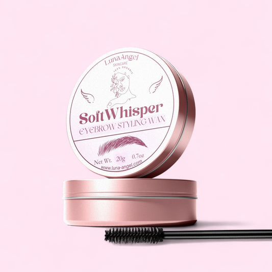 Soft Whisper Eyebrow Styling Wax 20g by LunaAngel – tin jar with spoolie brush on light pink background