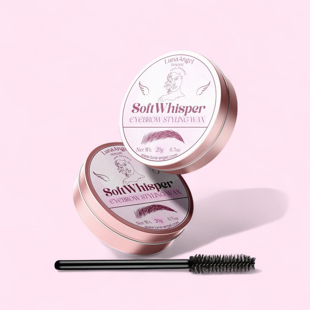 Two tins of LunaAngel Soft Whisper Eyebrow Styling Wax 20g with spoolie brush on a light pink background
