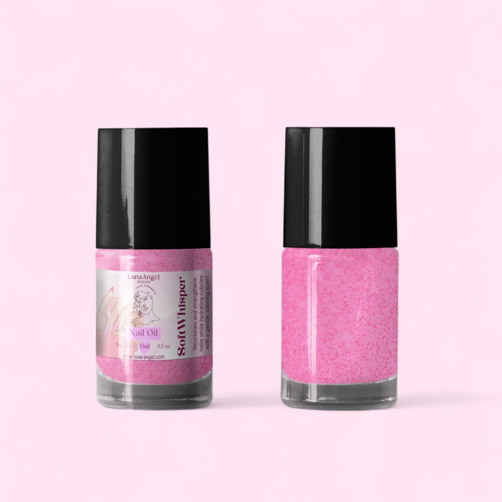 Soft Whisper Nail Oil 15ml bottle on pink background