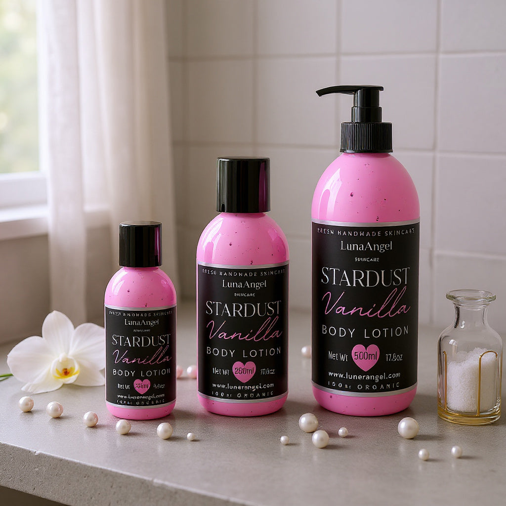 Stardust Vanilla body lotion bottle – warm vanilla scent – LunaAngel